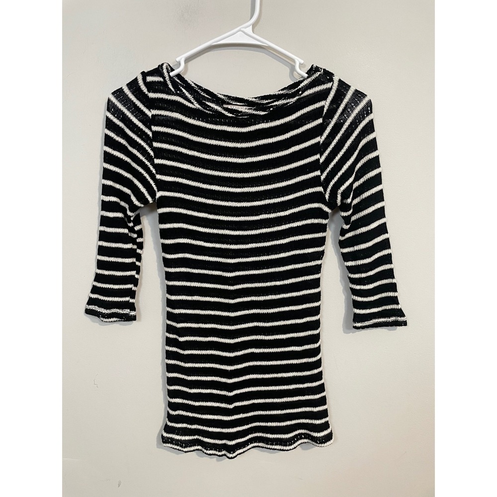 Nation LTD Black and White Stripe Knit Top 3/4 Length‎ Sleeves Classic Timeless